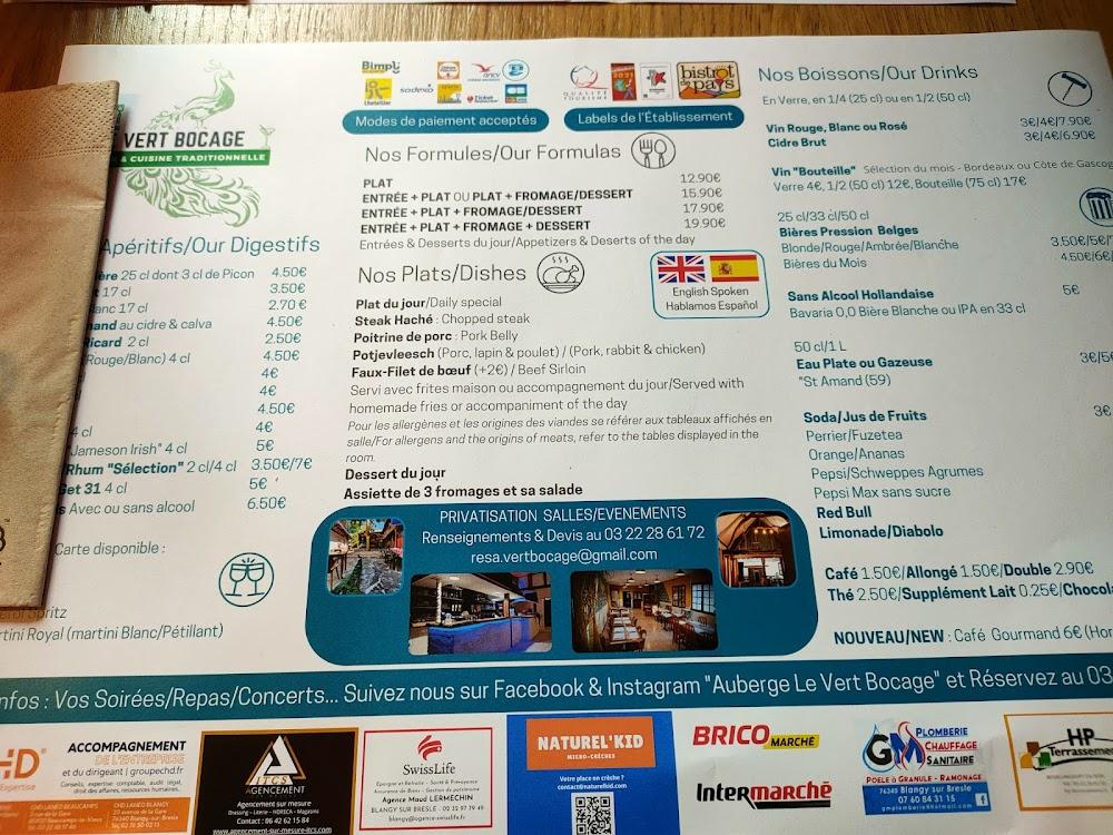 Auberge Le Vert Bocage (Restaurant / Bouillancourt en sery, Blangy sur bresle, Rambures) - Menu Image 3